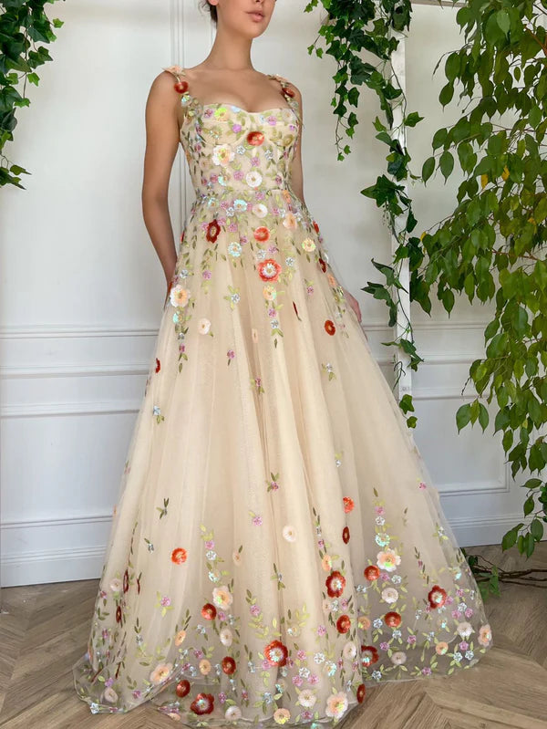 Enchanted Garden Champagne 3D Floral A-Line Gown