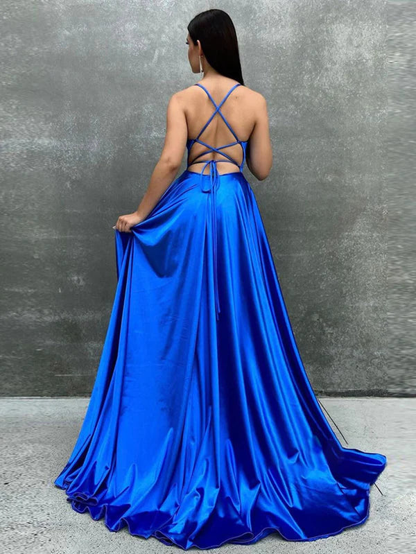 Vibrant Royal Blue Satin Cowl-Neck A-Line Gown
