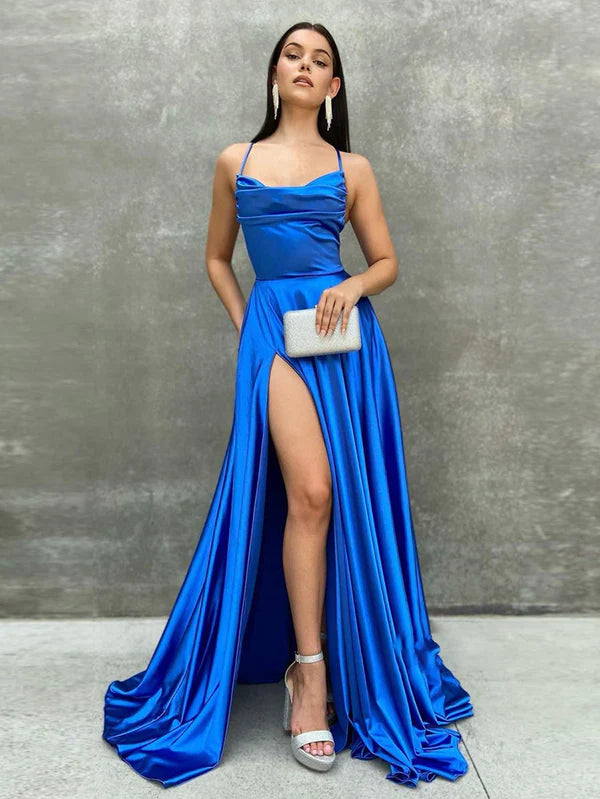 Vibrant Royal Blue Satin Cowl-Neck A-Line Gown