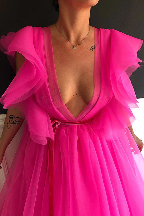Vibrant Hot Pink Plunge-Neck Ruffled Ball Gown