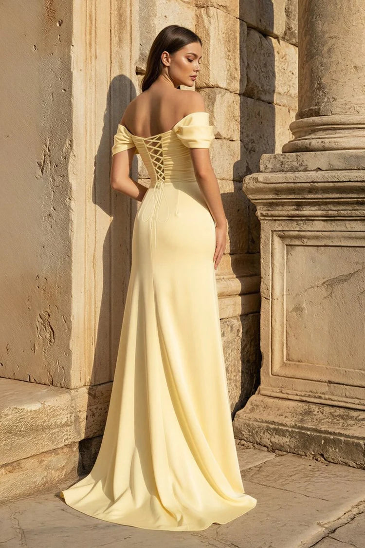 Ethereal Buttercup Yellow Off-Shoulder Mermaid Gown