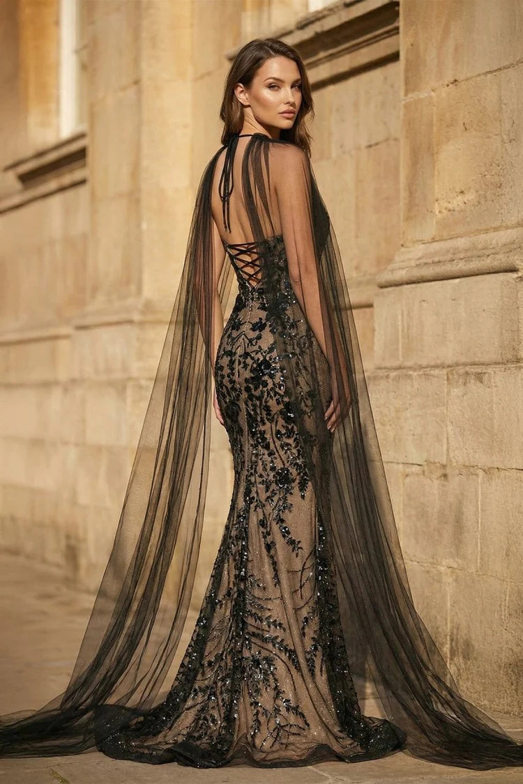 Gothic Glamour Black Sequin Mermaid Gown with Cape