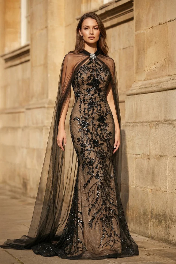 Gothic Glamour Black Sequin Mermaid Gown with Cape