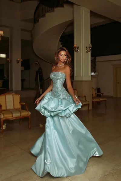 Enchanting Ice Blue Strapless Beaded Ball Gown