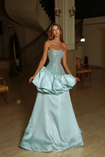 Enchanting Ice Blue Strapless Beaded Ball Gown