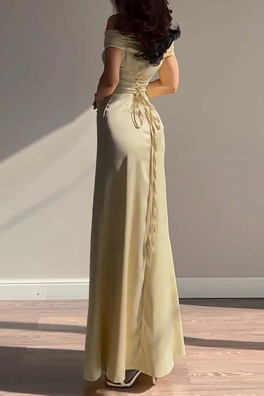 Elegant Buttercup Yellow Off-Shoulder Satin Gown  