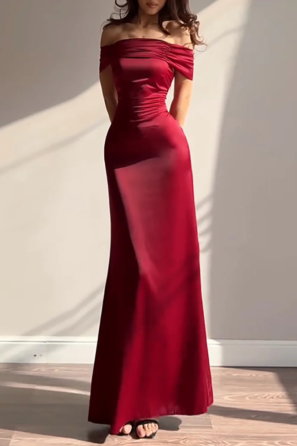 Elegant Buttercup Yellow Off-Shoulder Satin Gown  