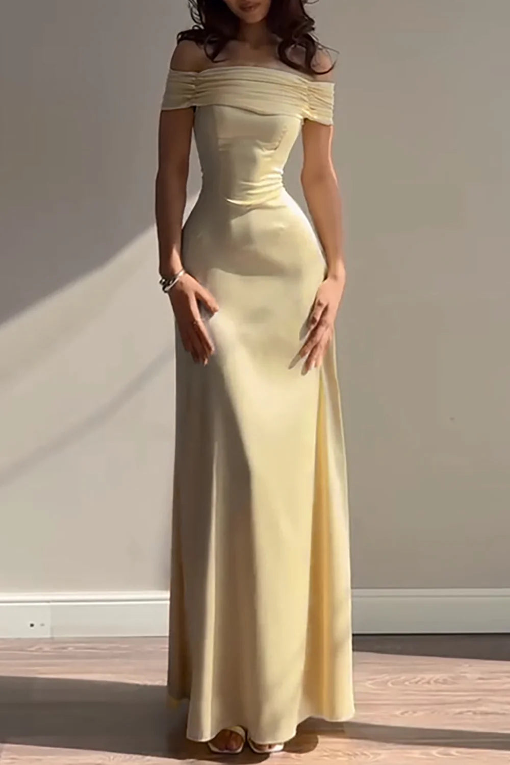 Elegant Buttercup Yellow Off-Shoulder Satin Gown  