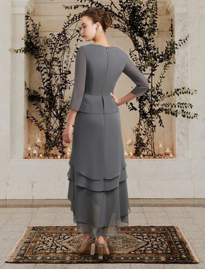 A-Line Mother of the Bride Dress Plus Size Elegant High Low V Neck Asymmetrical Tea Length Chiffon 3/4 Length Sleeve with Appliques Cascading Ruffles Side-Draped