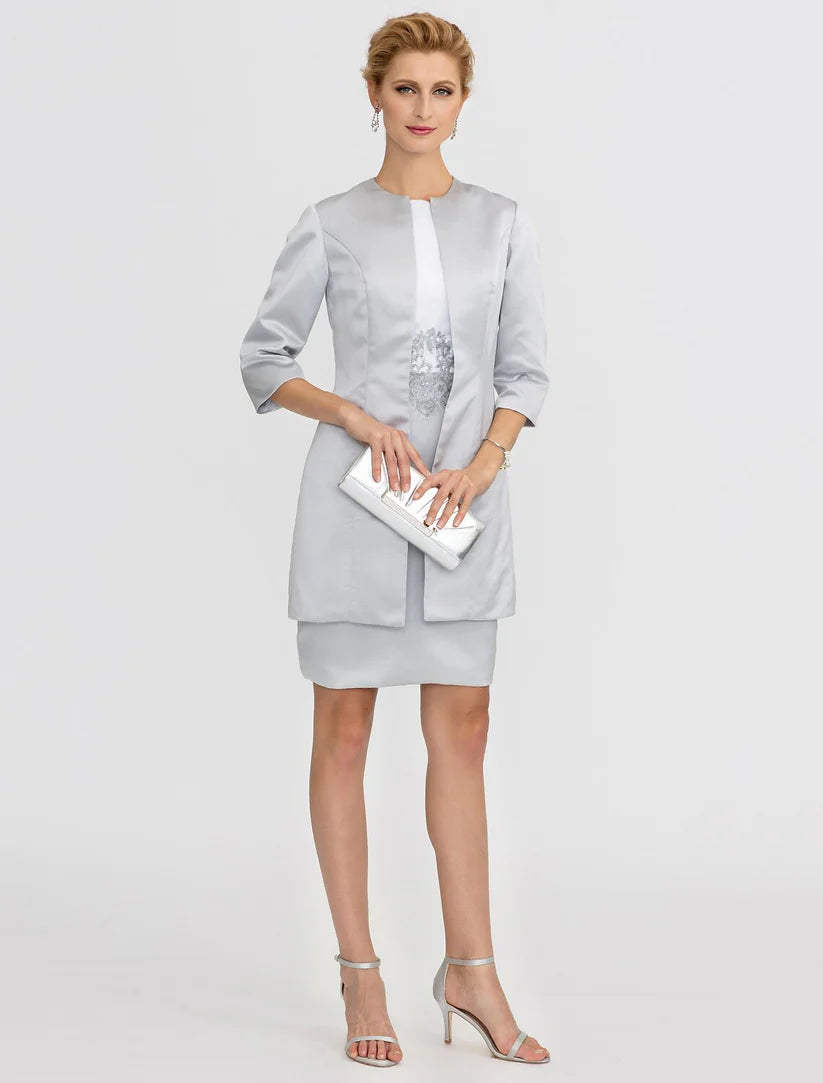 Sheath / Column Mother of the Bride Dress Formal Two Piece Jewel Neck Short / Mini Satin Short Sleeve yes with Lace Pleats
