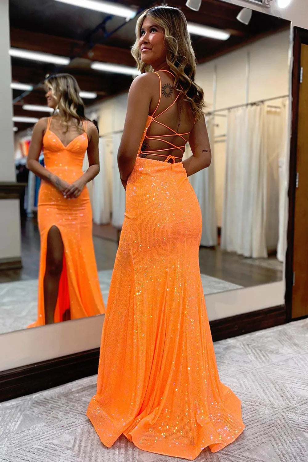 Mermaid Spaghetti Straps Sequins Long Prom Dress with Split Front