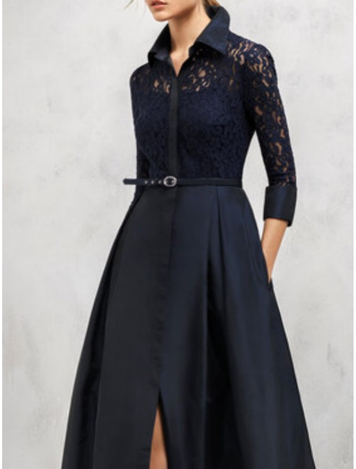 A-Line Mother of the Bride Dress Elegant Vintage Shirt Collar Floor Length Satin Lace 3/4 Length Sleeve with Sash / Ribbon