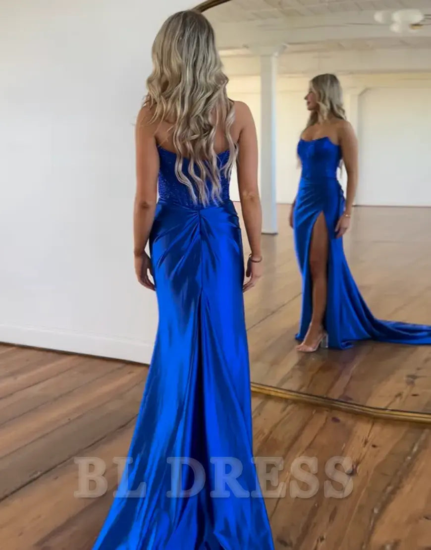 Mermaid Sparkly Strapless Beaded Ruched Satin Royal Blue Long formal dresses evening gown Prom Dress with Slit