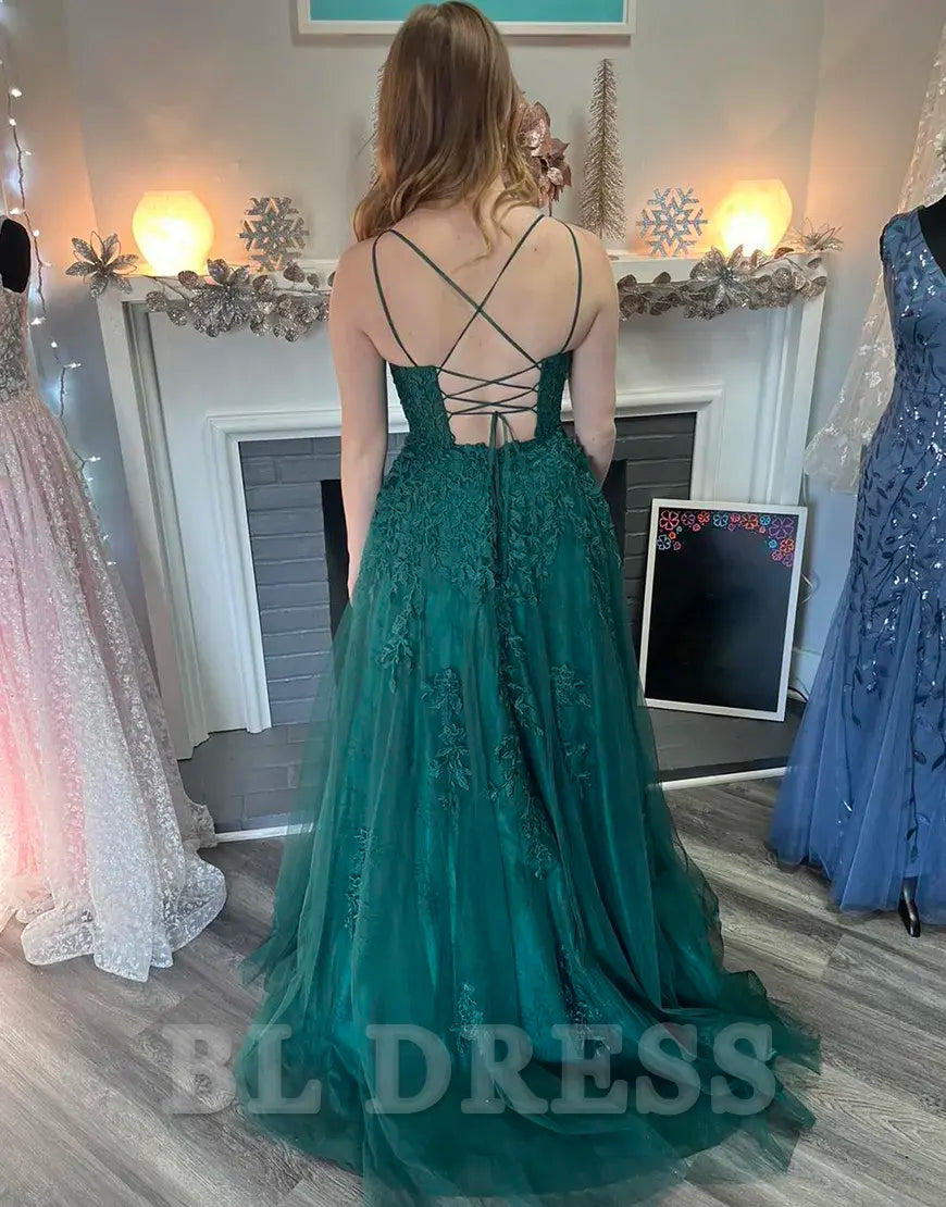 A-Line Spaghetti Straps Tulle Long Dark Green formal dresses evening gown Prom Dress with Appliques