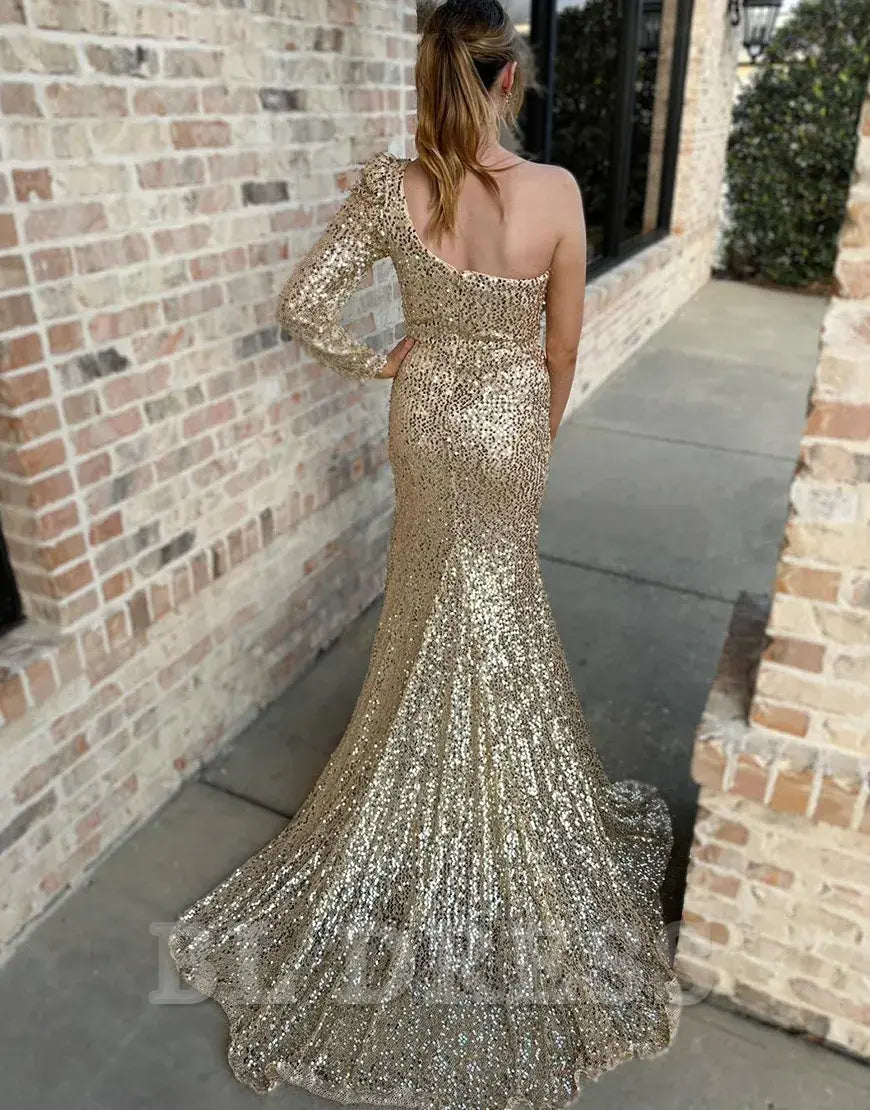 Mermaid Sparkly One Shoulder Sequins Long Sleeves Gold Long formal dresses Bridesmaid Dresses evening gown Prom Dress with Slit