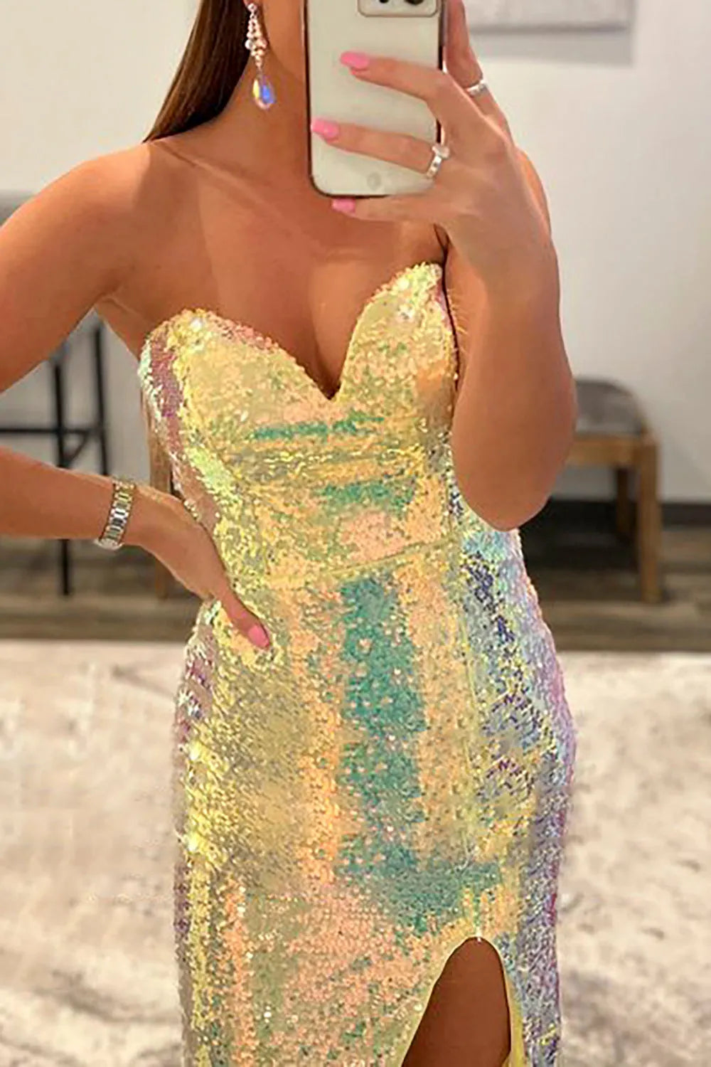 Mermaid Strapless Sequins Prom Dress with Slit