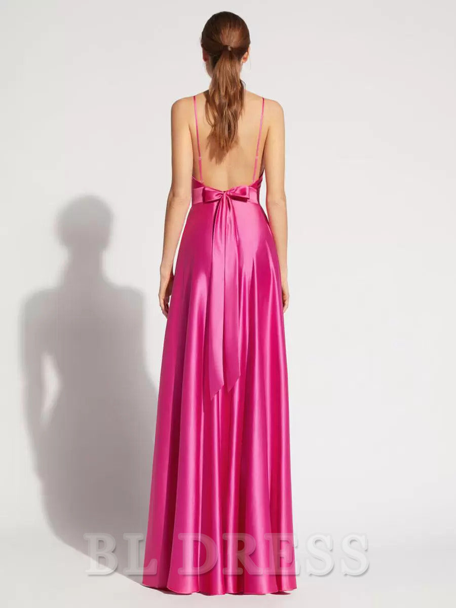 A-Line V-Neck Satin Floor-Length formal dresses Bridesmaid Dresses evening gown Prom Dress