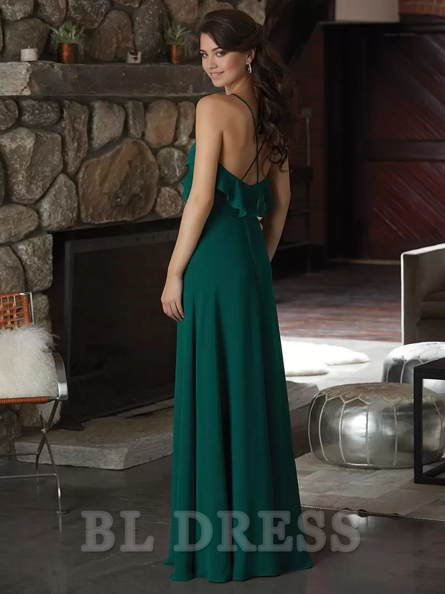 A-Line Spaghetti Straps V-Neck Floor-Length Chiffon formal dresses Bridesmaid Dresses evening gown Prom Dress