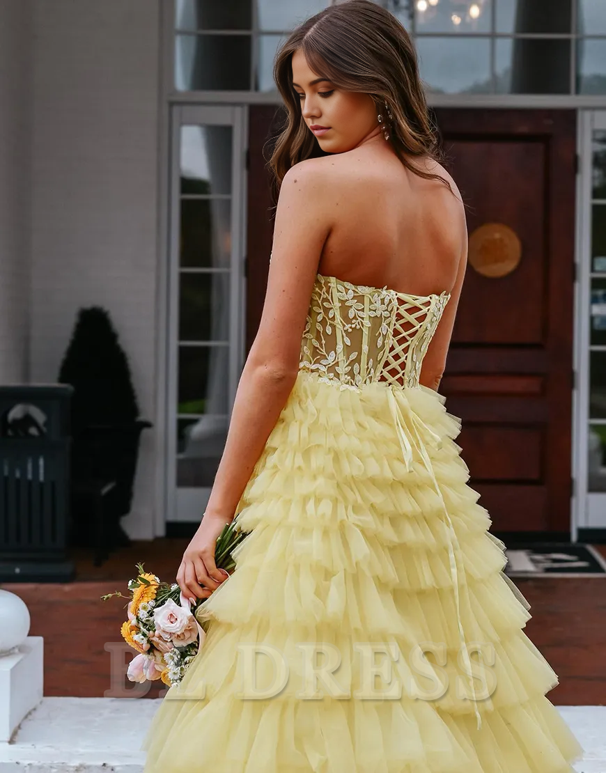 A-Line Strapless Corset Tiered Long Yellow formal dresses evening gown Prom Dress with Appliques