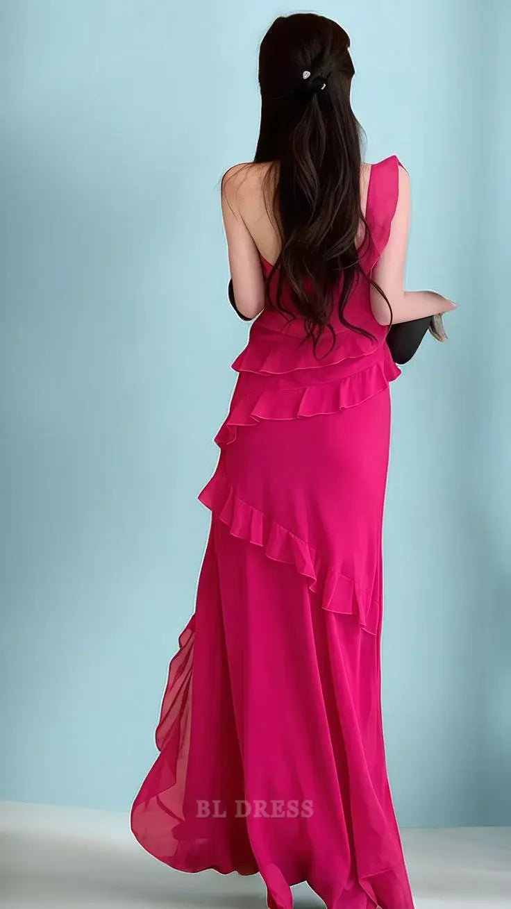 Mermaid One Shoulder Hot Pink Chiffon formal dresses Bridesmaid Dresses evening gown Prom Dress