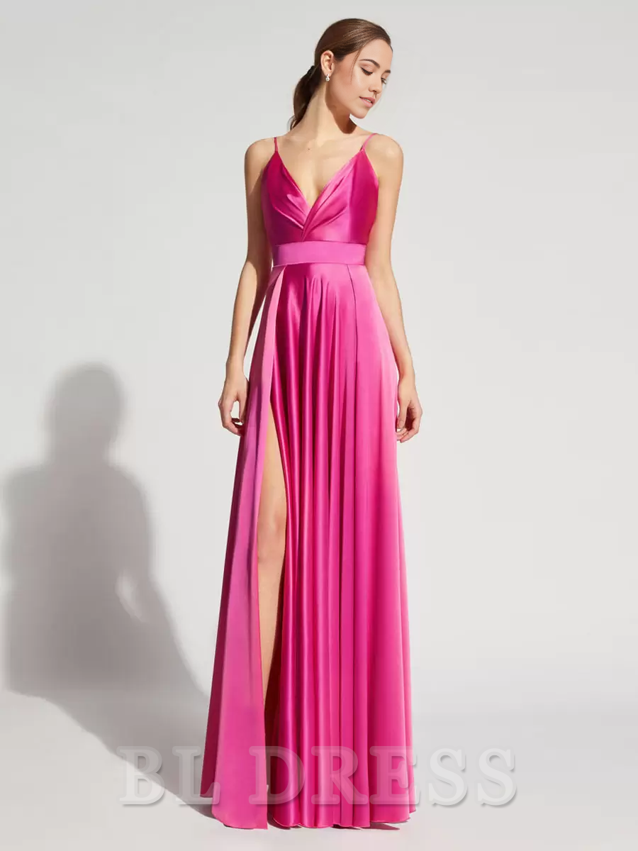 A-Line V-Neck Satin Floor-Length formal dresses Bridesmaid Dresses evening gown Prom Dress