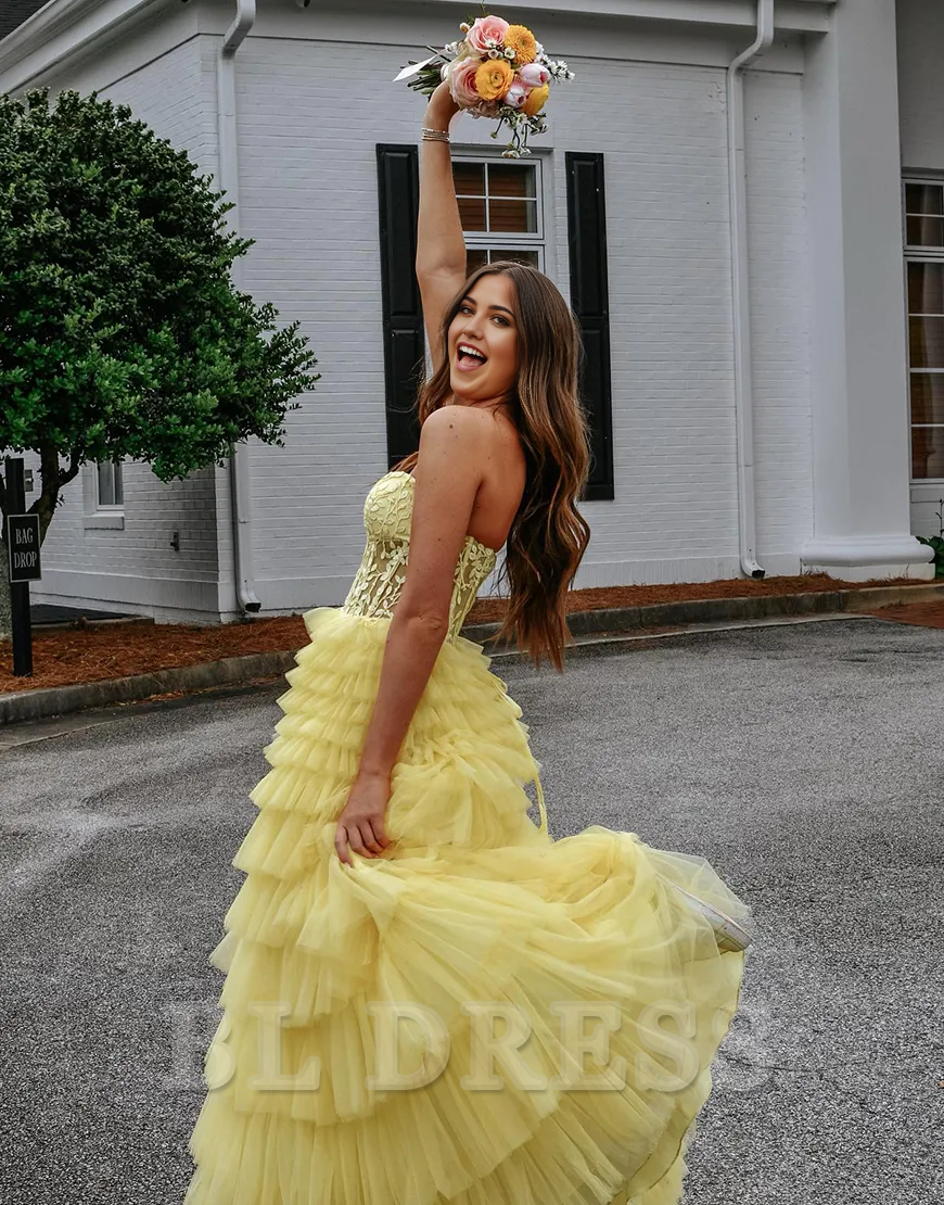 A-Line Strapless Corset Tiered Long Yellow formal dresses evening gown Prom Dress with Appliques