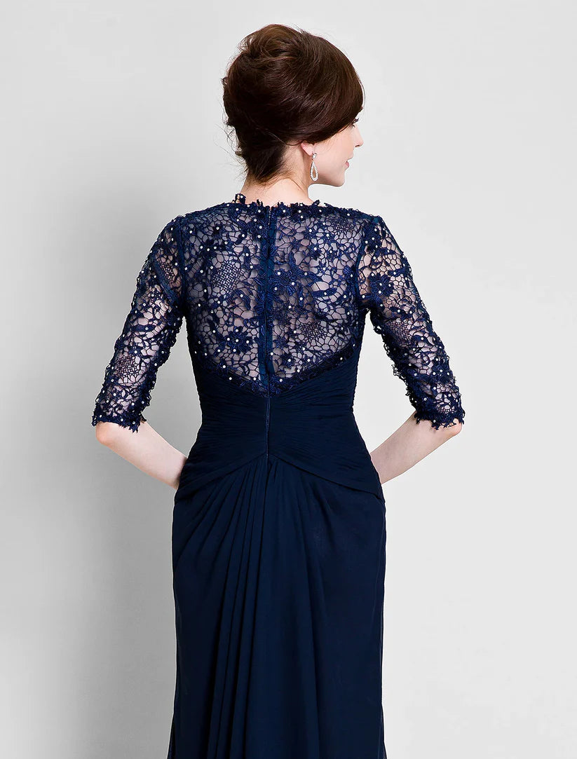 A-Line Mother of the Bride Dress See Through V Neck Floor Length Chiffon Lace Half Sleeve No with Lace Beading