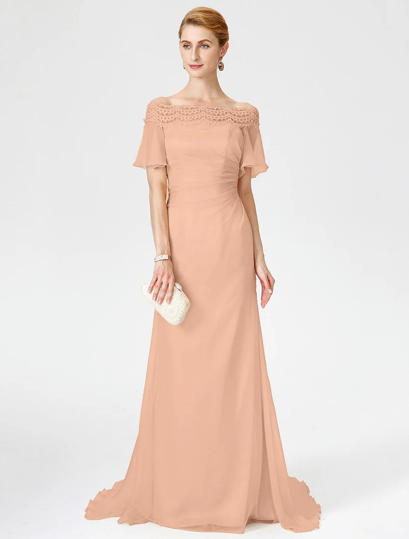Etuikleid/Säulenkleid für die Brautmutter, elegant, schulterfrei, Sweep/Pinselzug, Chiffon, Spitze, kurze Ärmel mit Falten