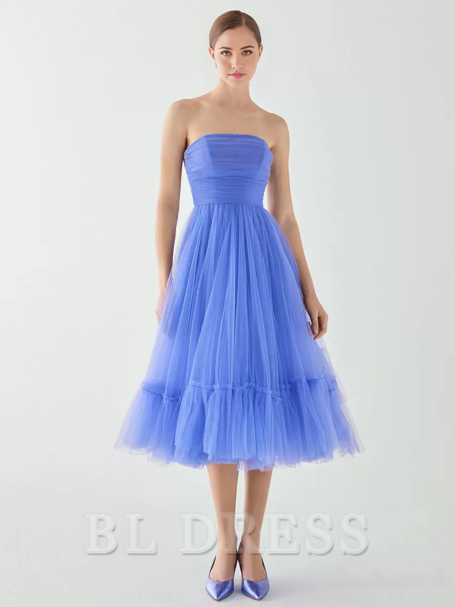 A-line Short Strapless Tea-Length Sleeveless Zipper Pleated Tulle formal dresses Bridesmaid Dresses evening gown Prom Dress