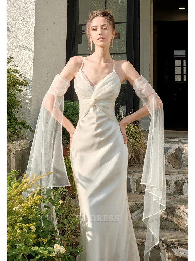 Mermaid Spaghetti Straps White Long formal dresses Bridesmaid Dresses evening gown Prom Dress