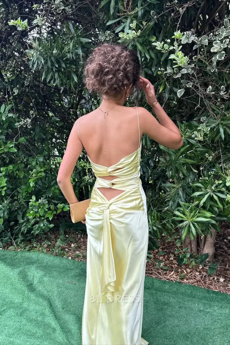 Mermaid V Neck Yellow Satin formal dresses Bridesmaid Dresses evening gown Prom Dress