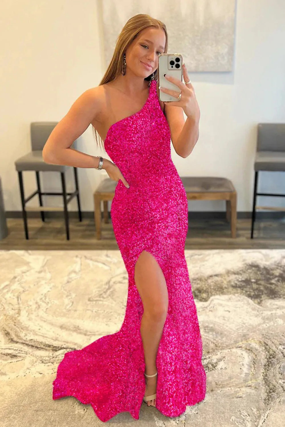 Sheath One Shoulder Sequins Prom Dress with Slit