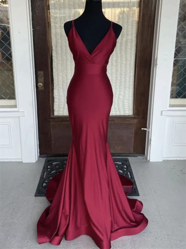 Mermaid Simple V Neck Satin Long Prom Dresses
