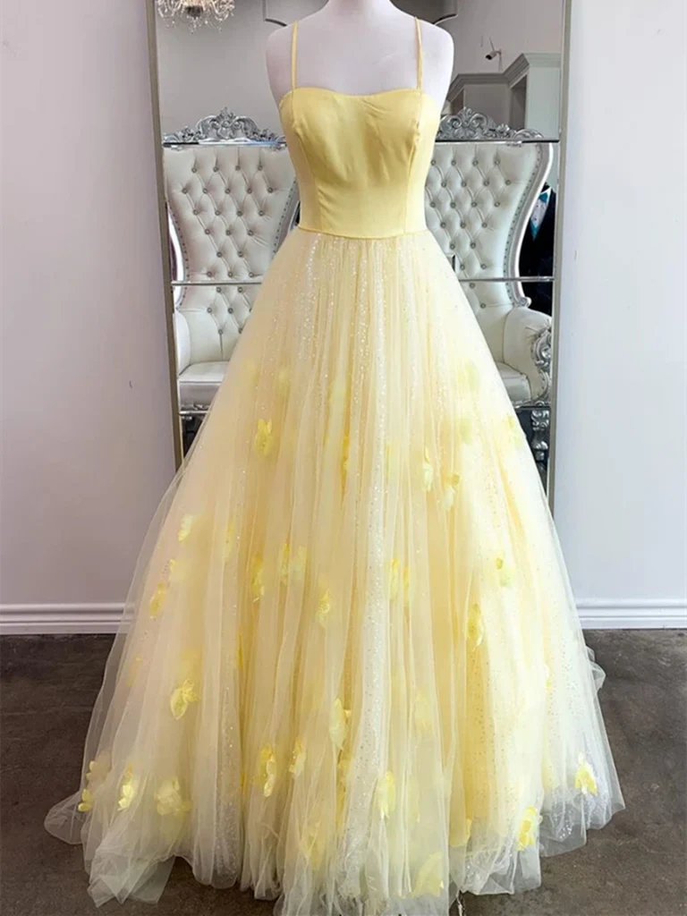 Tulle Sequins Thin Straps Long Prom Dresses