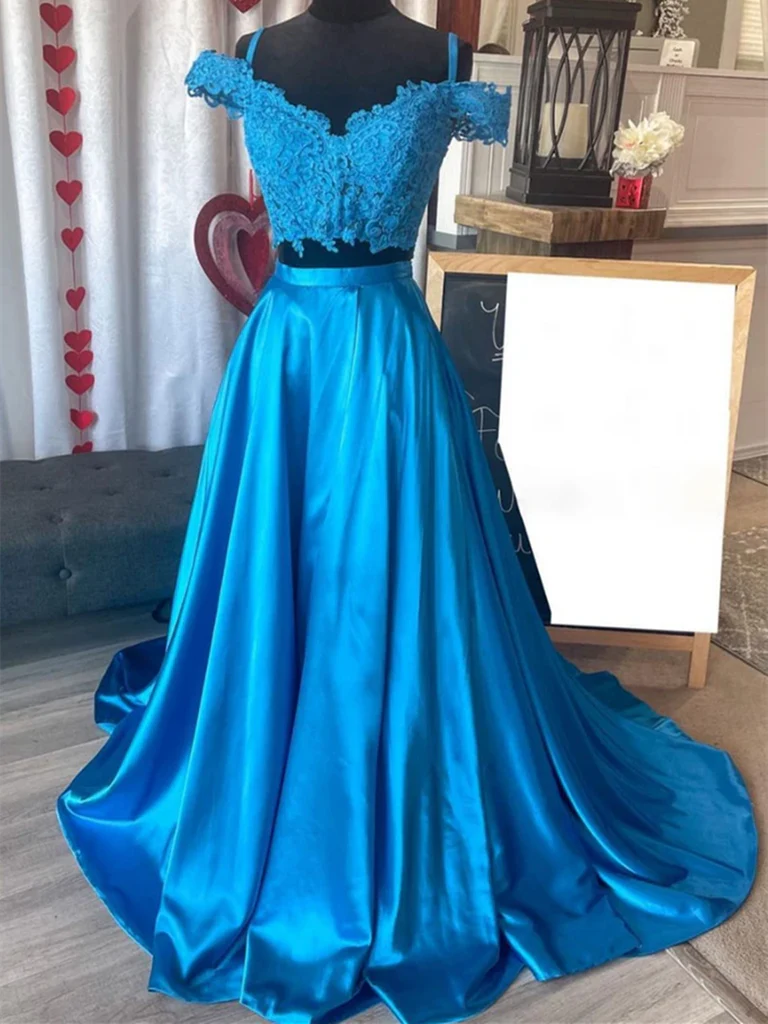 Two Pieces Off Shoulder Lace Long Prom Dresses