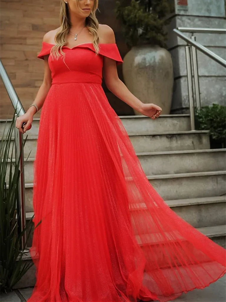 Off Shoulder Tulle Long Prom Dress