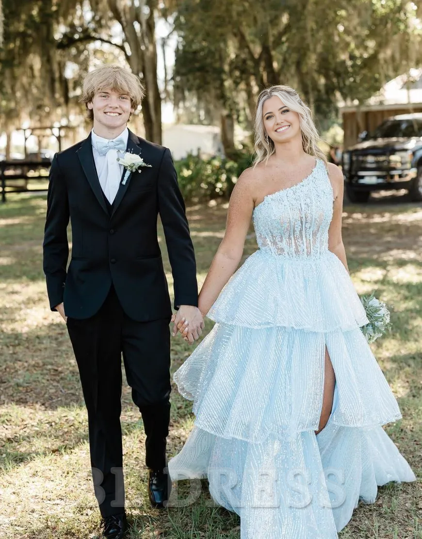 A-Line One Shoulder Layered formal dresses evening gown Prom Dress With Split