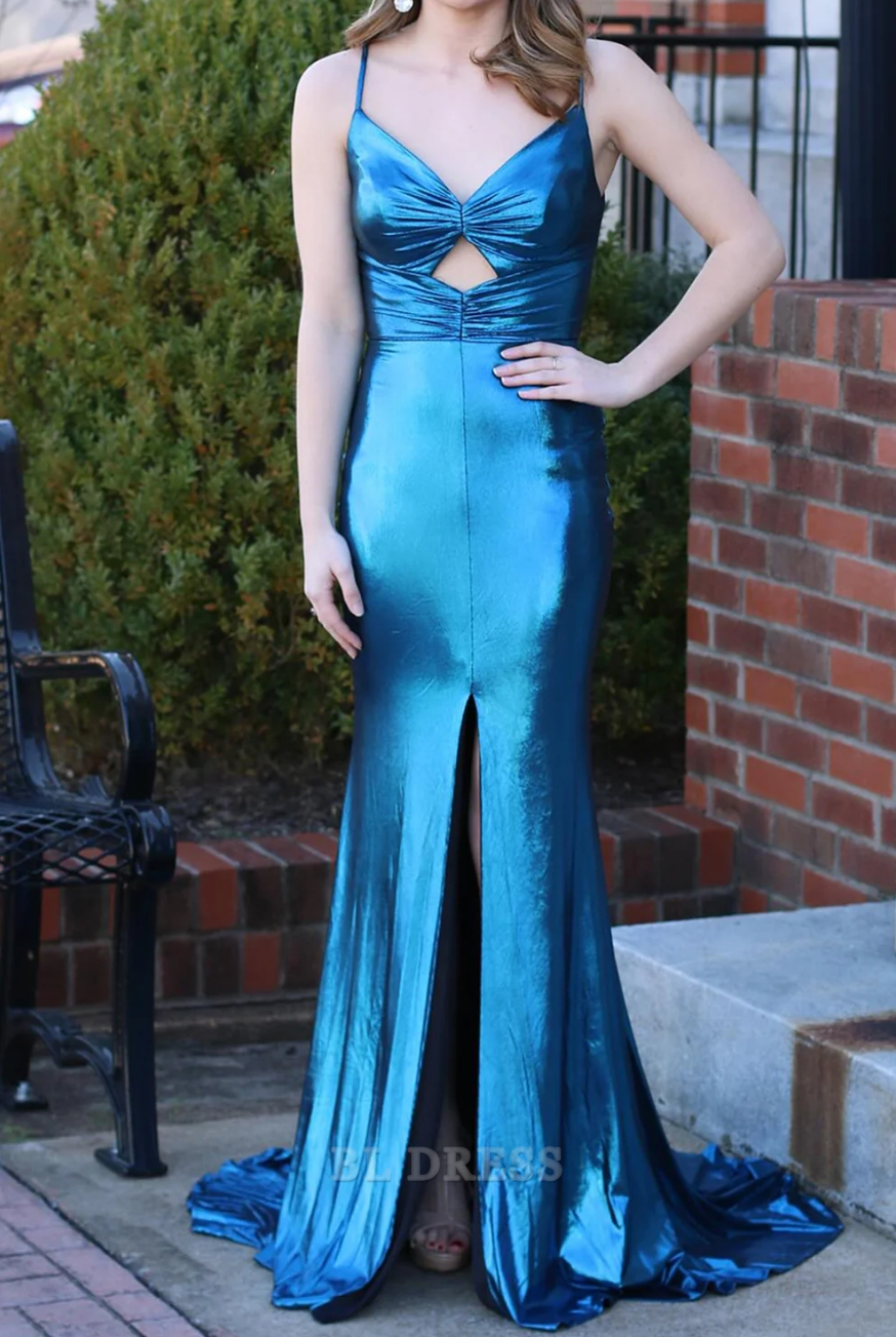 Mermaid Keyhole Back Dark Blue Long Satin formal dresses Bridesmaid Dresses evening gown Prom Dress With Slit