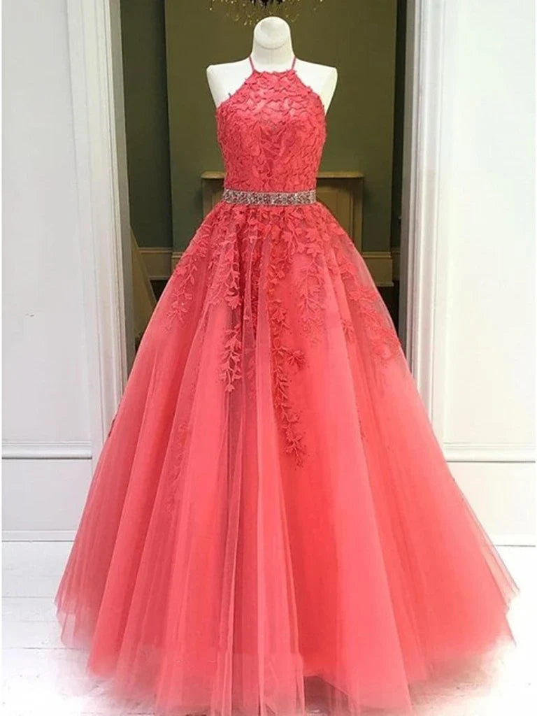 Halter Neck Lace Tulle Long Prom Dresses