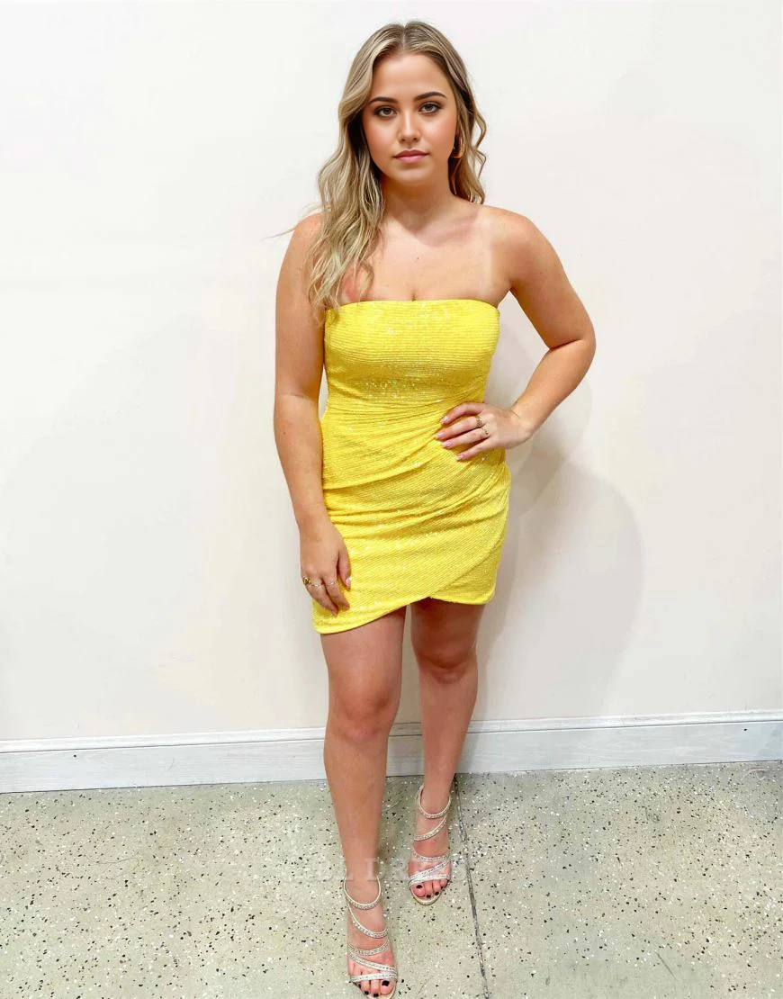 Etuikleid, schlicht, trägerlos, mit Reißverschluss hinten, gelb, Abendkleider, Brautjungfernkleider, Abendkleid, Ballkleid, Heimkehrkleid