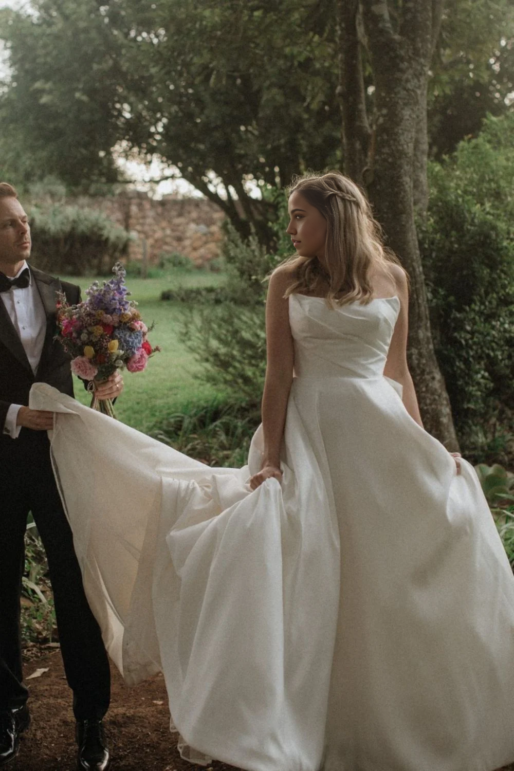 A Line Elegant Strapless White Satin Long Wedding Dress with Ruched