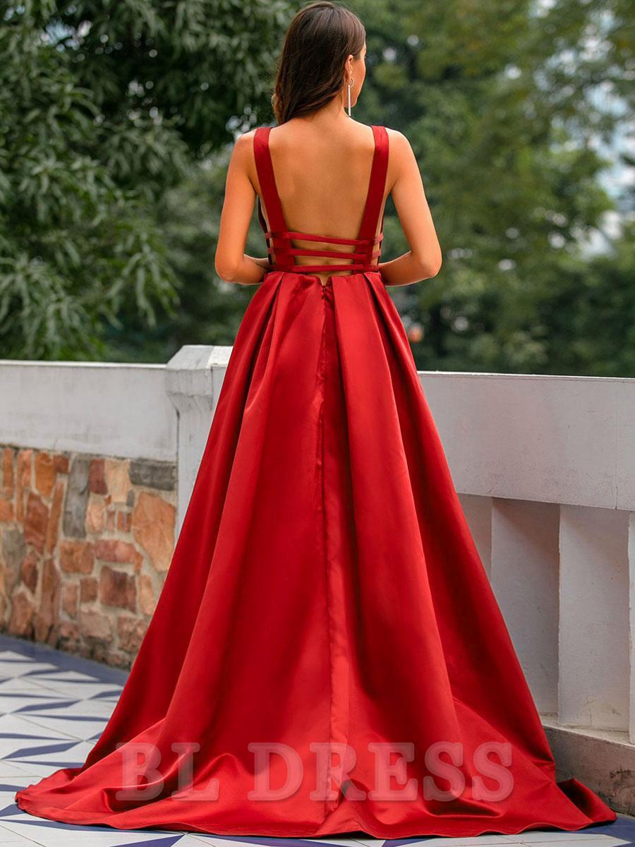 A-Line V-Neck Backless Satin formal dresses Bridesmaid Dresses evening gown Prom Dress