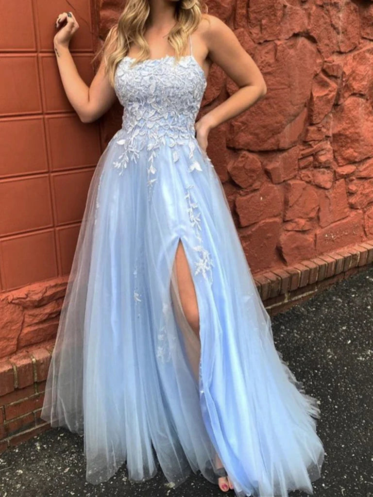Tulle Lace Spaghetti Straps Long Prom Dresses