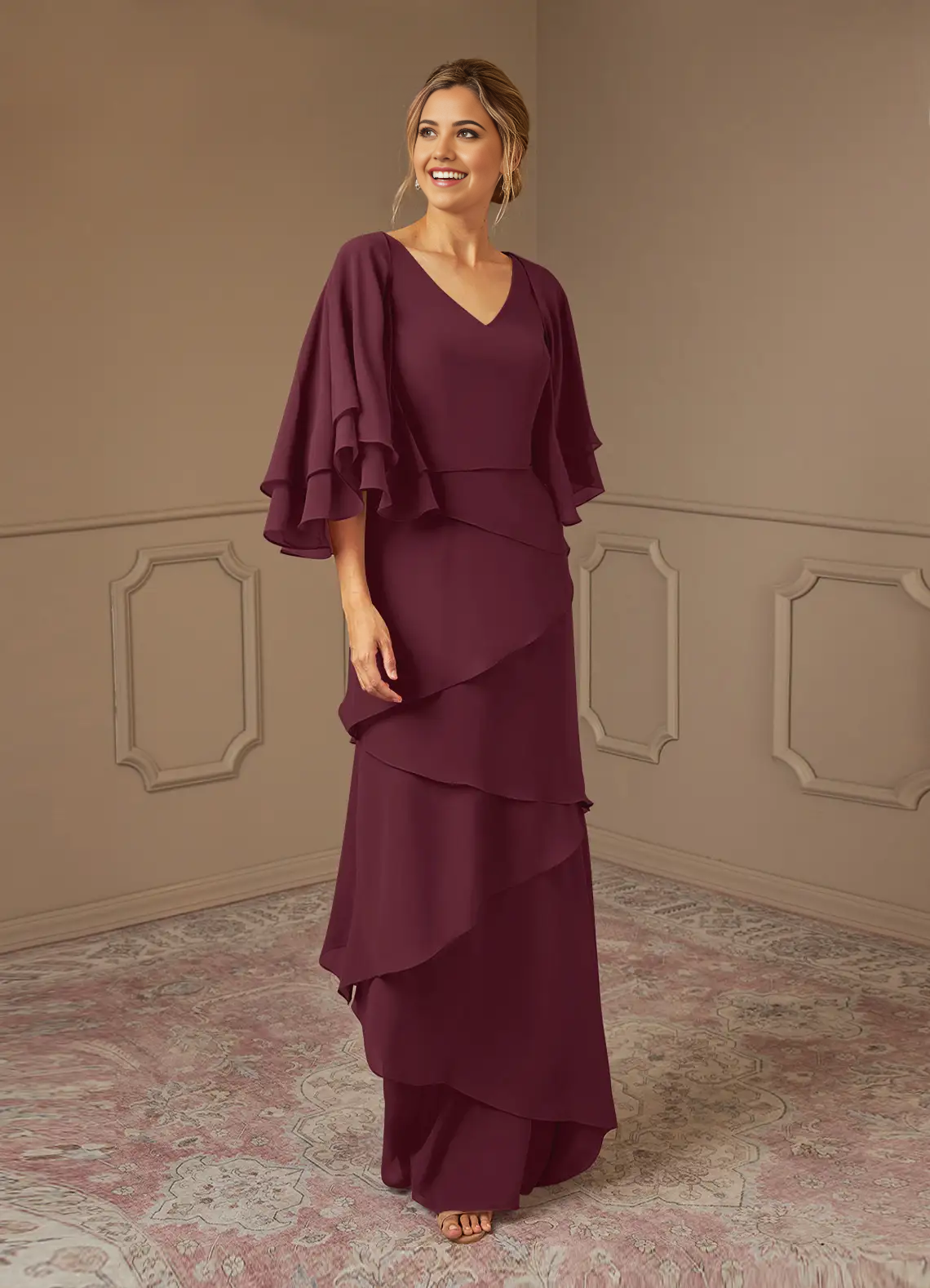 A-Line V-Neck Chiffon Cabernet formal dresses Mother of the Bride Dresses