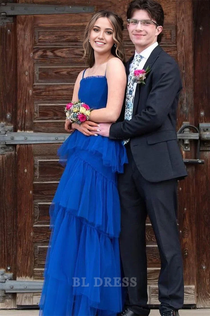 A-line Spaghetti Straps Tiered Tulle Royal Blue formal dresses Bridesmaid Dresses evening gown Prom Dress