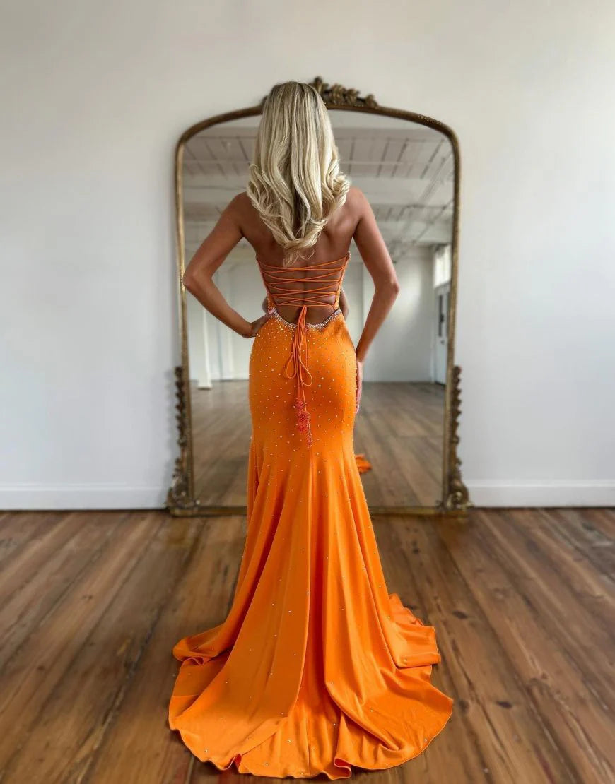 Mermaid Sweetheart Orange evening gown Long Prom Dress With Split