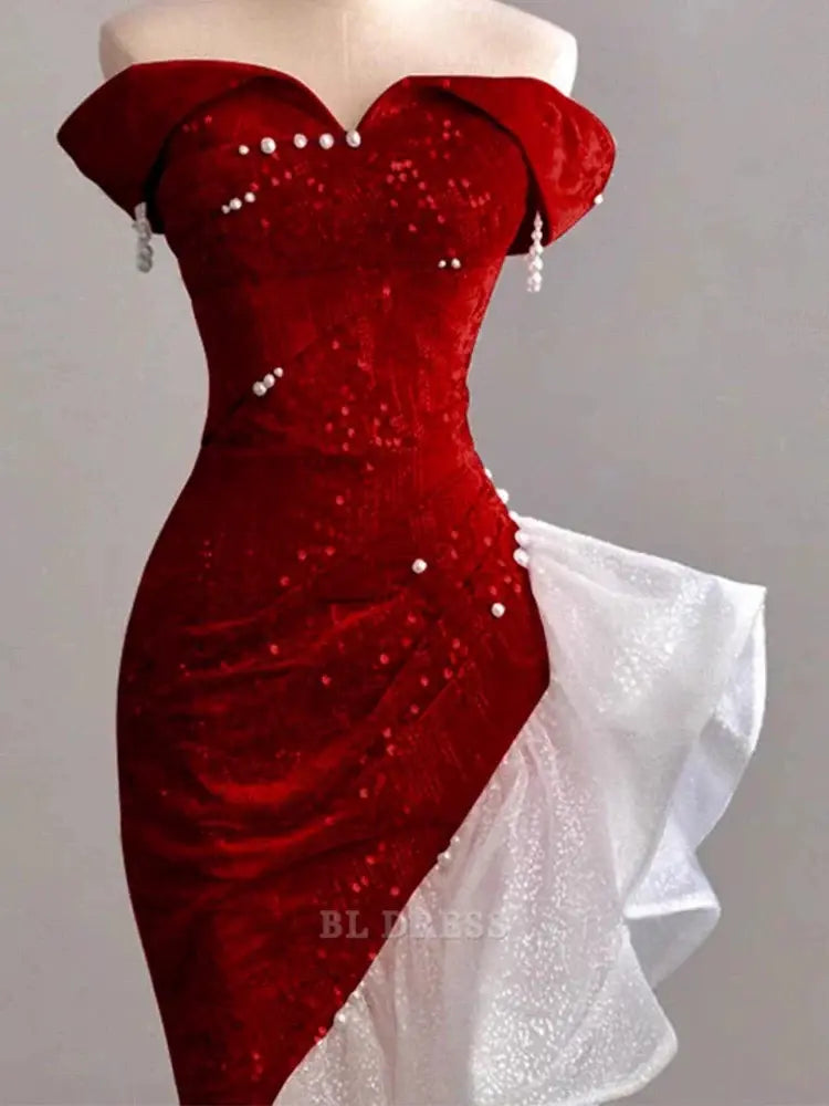 Sheath Off The Shoulder Sequin Red formal dresses Bridesmaid Dresses evening gown Prom Dress