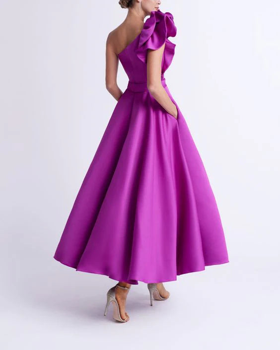 A-Line One Shoulder Tea Length Prom Dresses