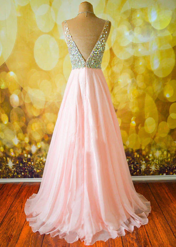 A Line V Neck Sleeveless Backless Long Prom Dresses V Neck Formal Dresses Evening Dresses