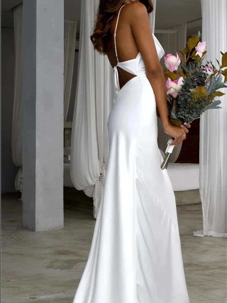 Mermaid Sheath Simple Scoop Neck Beach Wedding Dresses